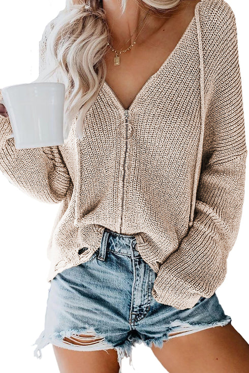 Zipper V-Neck Dropped Sleeve Hooded Solid Sweater